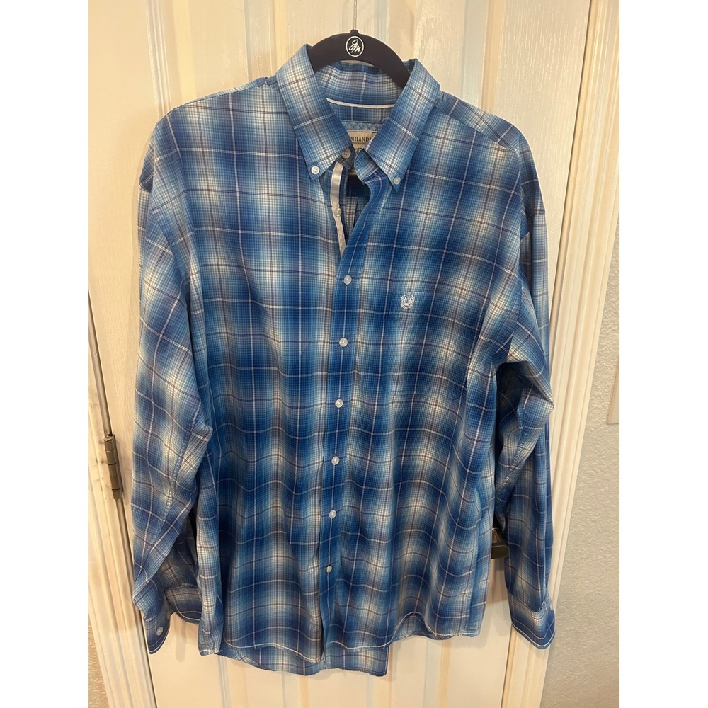 Panhandle Rough Stock Button Down‎ Blue Plaid Western Long Sleeve Shirt Large